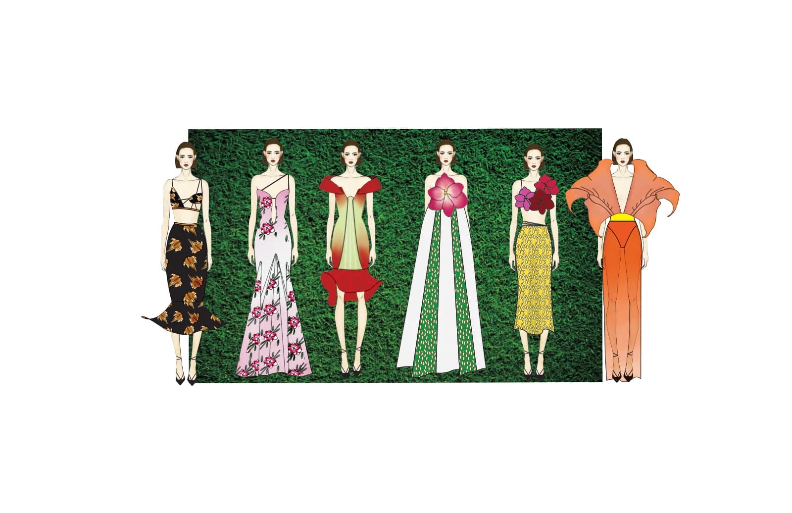 Six illustrated fashion figures wearing black, white, pink, red, green, yellow, coral, and orange looks against a dark green rectangular background.