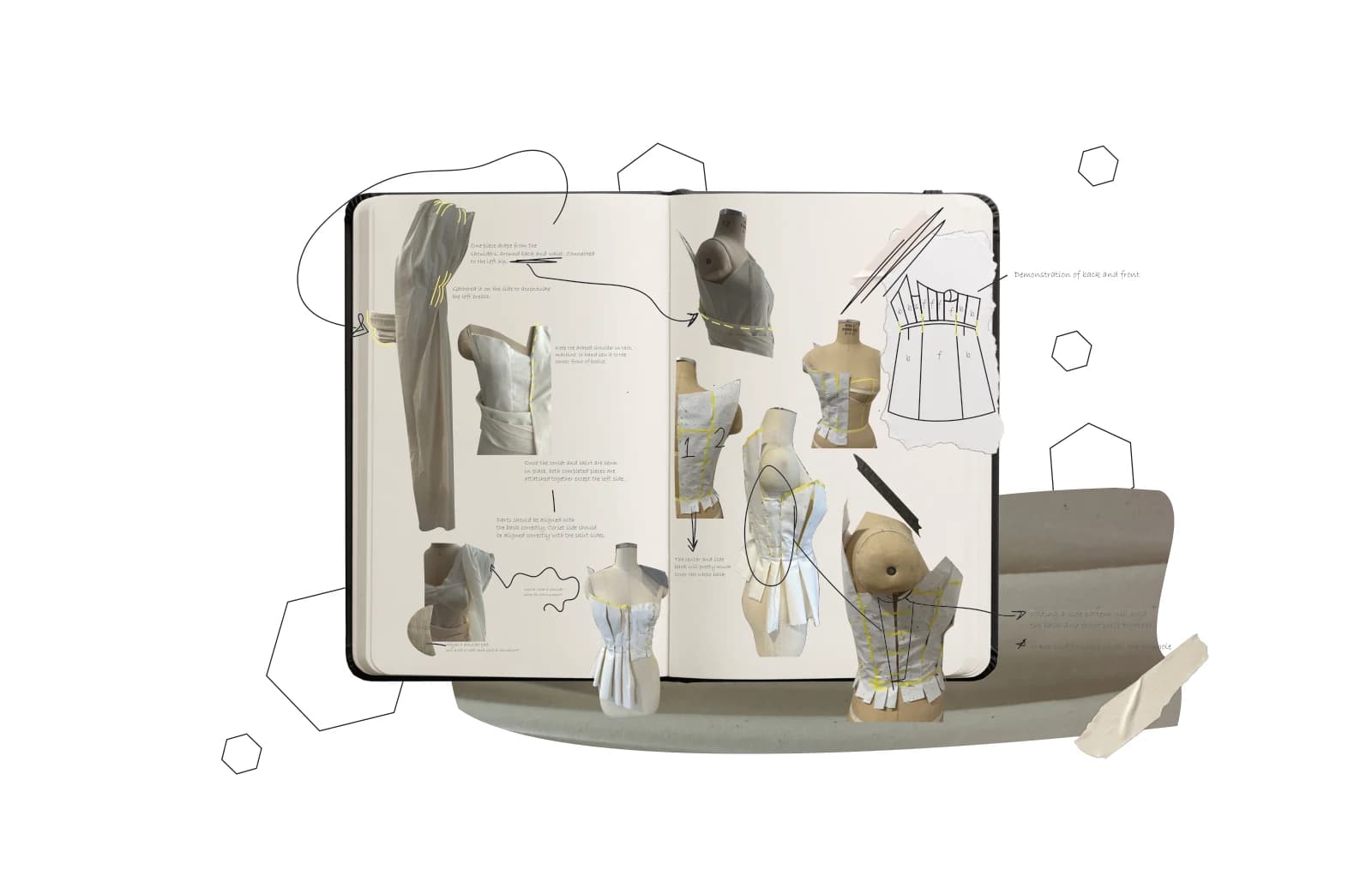 Collaged sketchbook spread showing draped garment studies, bodice and dress-form photographs, pattern sketches, and handwritten construction notes about shoulder support, gathering, corset alignment, and back coverage.