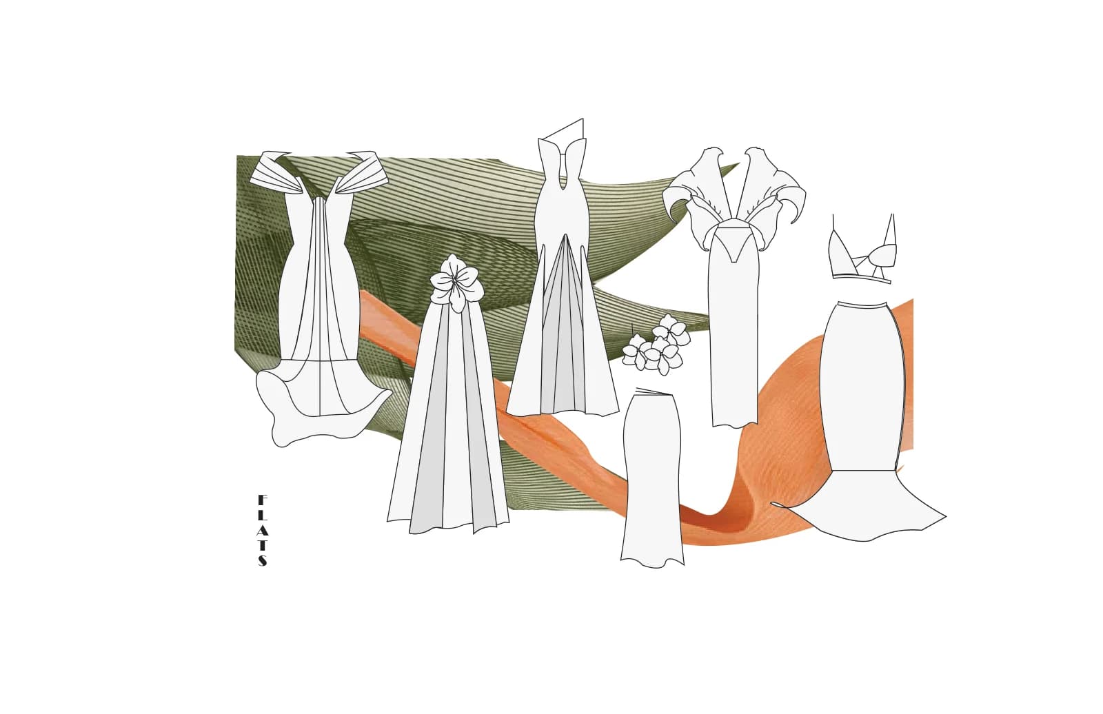 Black line drawings of dresses, separates, and garment details layered over olive, gray, white, and coral abstract shapes.