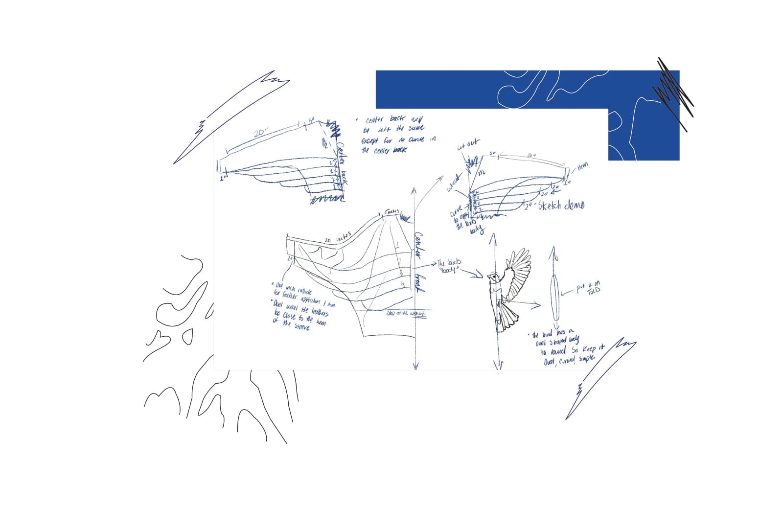 Annotated fashion construction sketches showing layered shoulder panels, branch-like cut-outs, and gown details.