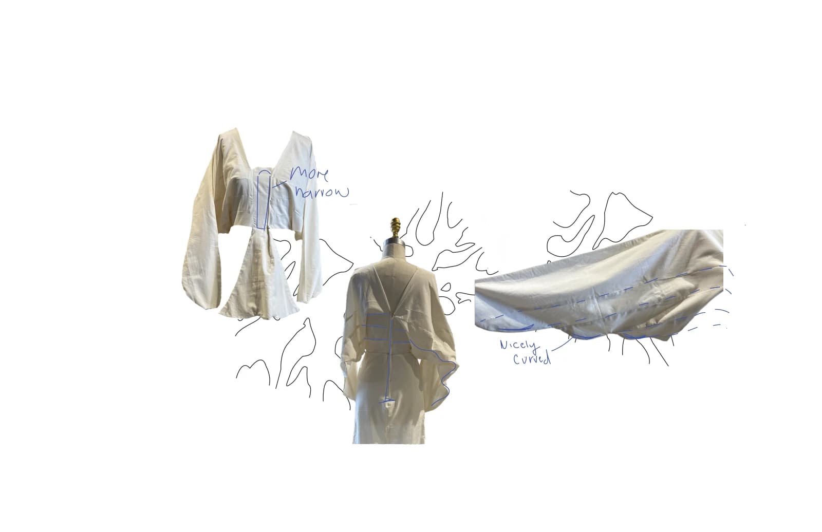 Process photographs of pale fabric being draped and tested on a dress form for the Fantasy Dress.