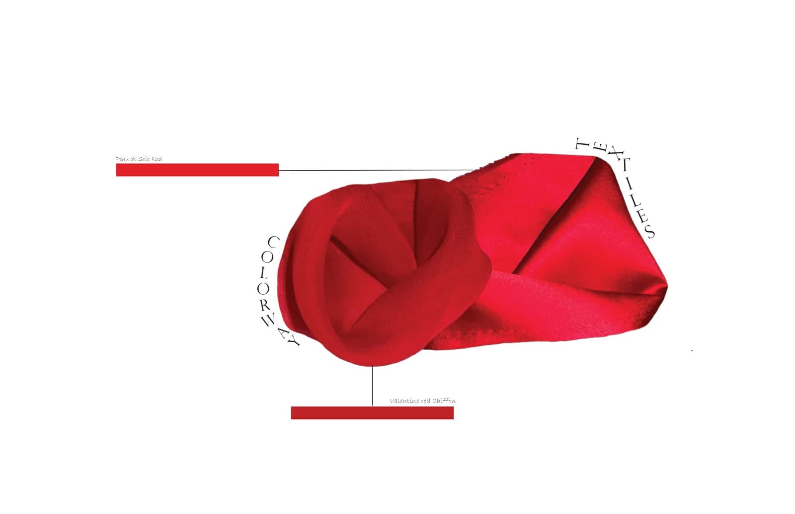 Red fabric arranged in soft folds with a red color swatch and labels identifying Valentine red chiffon and red Peau de Soie.